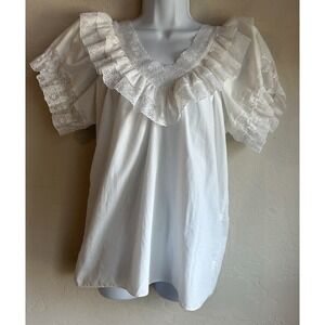 Vintage 70s Square Up White Prairie Romantic Peasant Top S Lace Ruffle Victorian